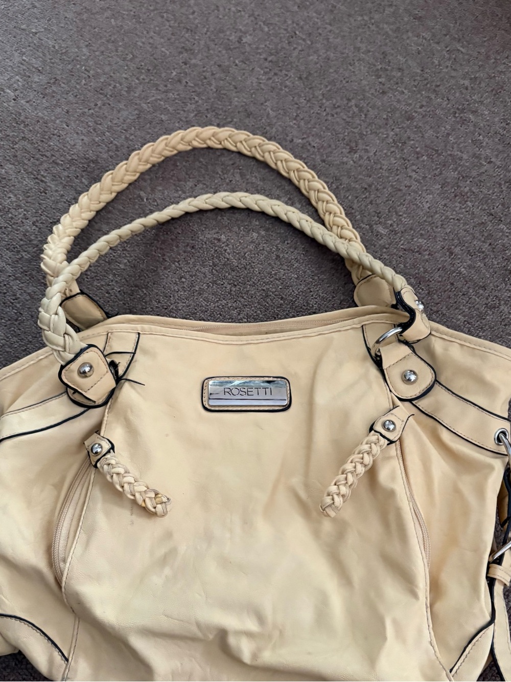 Rosetti Cream Braided-Handle Shoulder Bag with Black Trim